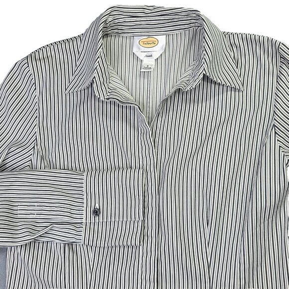 Talbots Shirt Womens 8 Small Black White Stripe Stretch Button Down Top Office - Picture 1 of 11